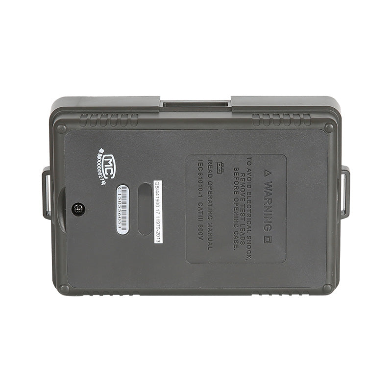 UNI-T UT522 Earth Resistance Tester – Digital Earth / Ground Resistance Meter - the grey plastic rear casing with a screw, a barcode label, and safety warning text printed on the surface.