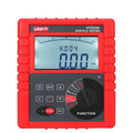 UNI-T UT523A Earth Resistance & Soil Resistivity Tester – 0~210 kΩ, Soil Resistivity (Wenner), Earth Voltage AC 0~750 V, 4-Pole, Auto-Range - a red, rectangular handheld device with a digital display reading 0.00 Ωm, a function knob, and control buttons.