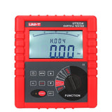 UNI-T UT523A Earth Resistance & Soil Resistivity Tester – 0~210 kΩ, Soil Resistivity (Wenner), Earth Voltage AC 0~750 V, 4-Pole, Auto-Range - a red, rectangular handheld device with a digital display reading 0.00 Ωm, a function knob, and control buttons.