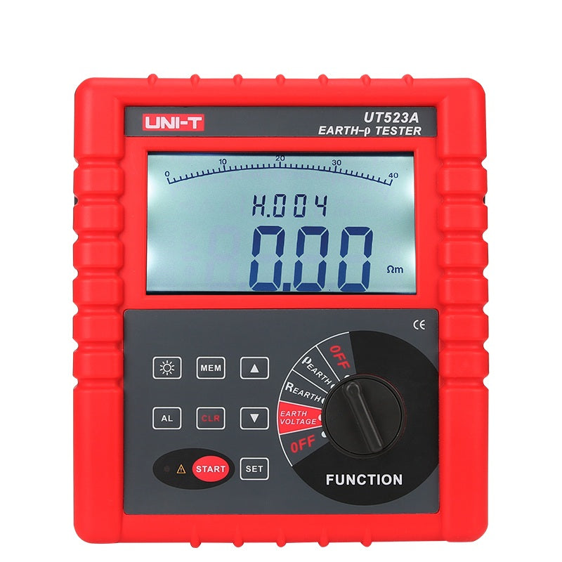 UNI-T UT523A Earth Resistance & Soil Resistivity Tester – 0~210 kΩ, Soil Resistivity (Wenner), Earth Voltage AC 0~750 V, 4-Pole, Auto-Range - a red, rectangular handheld device with a digital display reading 0.00 Ωm, a function knob, and control buttons.