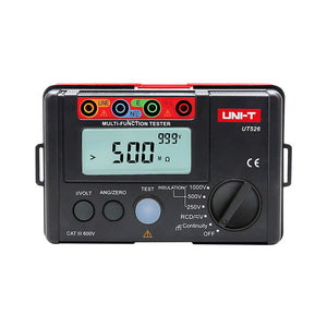 UNI-T UT526 Multifunction Electrical Tester – Multifunction Installation Tester, 250V/500V/1000V - a black rectangular device with a digital display showing 500 MΩ and 999V, featuring input ports, buttons, and a dial.