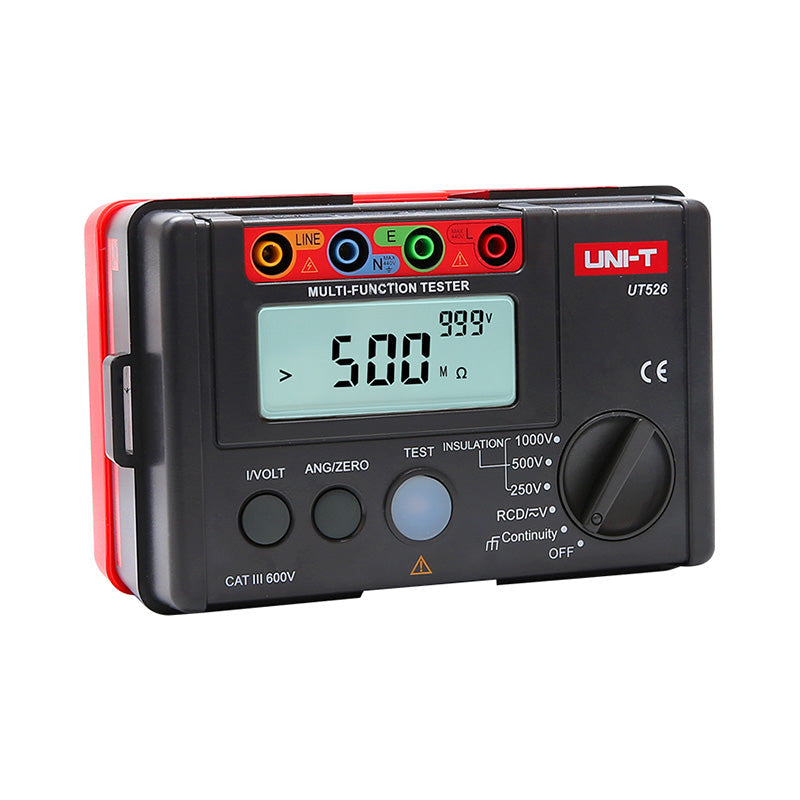 UNI-T UT526 Multifunction Electrical Tester – Multifunction Installation Tester, 250V/500V/1000V - a black and red handheld device with a digital display showing 500 MΩ and 999V, featuring a rotary knob and buttons.