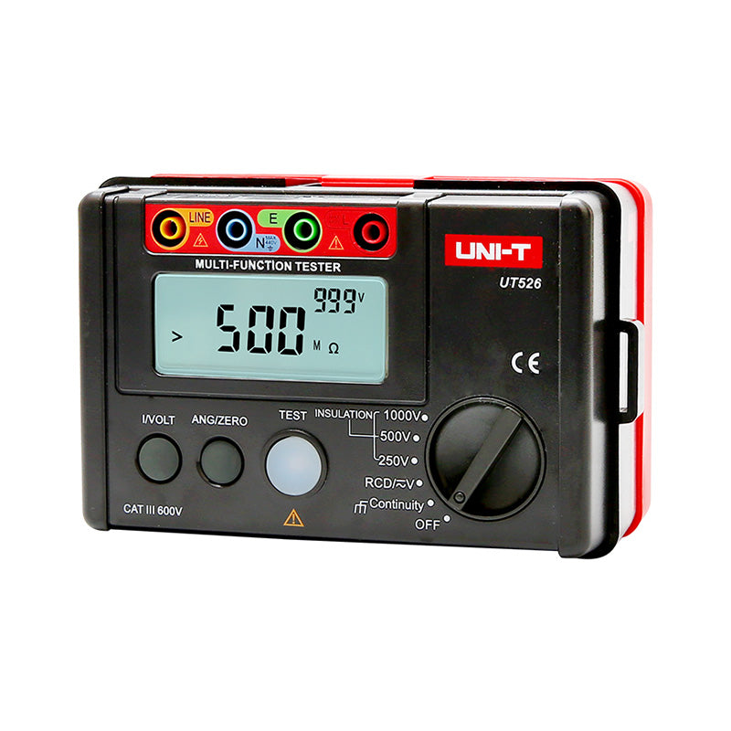 UNI-T UT526 Multifunction Electrical Tester – Multifunction Installation Tester, 250V/500V/1000V - a black and red rectangular device with a digital display showing 500 MΩ, rotary dial, and four input ports.