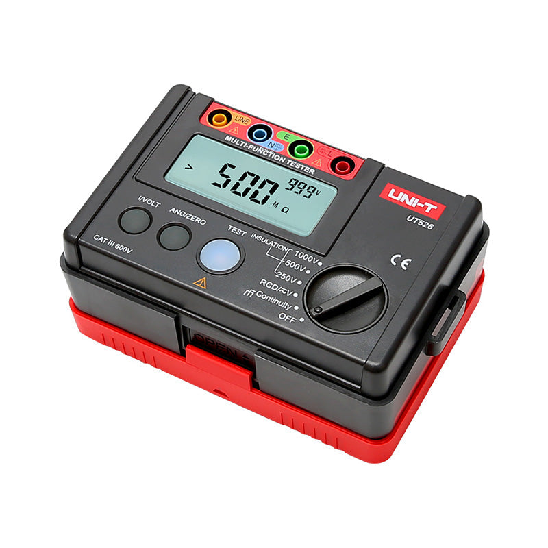 UNI-T UT526 Multifunction Electrical Tester – Multifunction Installation Tester, 250V/500V/1000V - black and red, featuring a digital display showing 500 MΩ, a rotary function knob, test buttons, and four input ports.