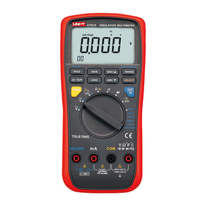 UNI-T UT533 Insulation Multimeter – Insulation Tester + Digital Multimeter - a red and black handheld device with a large digital display showing 0.000 V, a central rotary knob, and input ports.