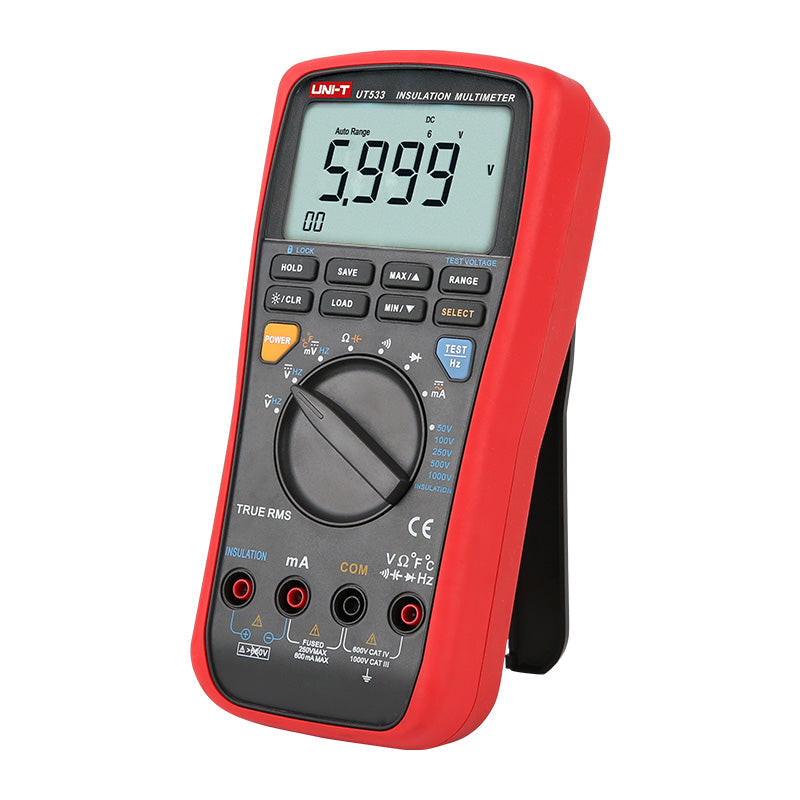 UNI-T UT533 Insulation Multimeter – Insulation Tester + Digital Multimeter - a red handheld device with a black rotary dial, multiple buttons, input ports, and a screen reading 5.999.