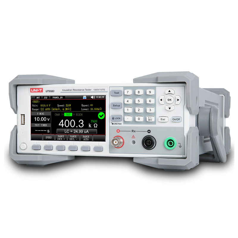 UNI-T UT5583 Insulation Resistance Meter – 10 kΩ to 10 TΩ, 1–1000 V DC, IR & Leakage Current, RS232/USB/Handler/LAN, 4.3" TFT - with a grey chassis, a 4.3-inch screen showing test results, a keypad, and front-facing ports and terminals.