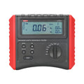 UNI-T UT572 Earth Resistance Tester – Digital Earth / Ground Resistance Meter - a grey and red handheld device with a digital display showing 0.06 Ω, control buttons, and a rotary selector knob.