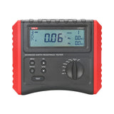 UNI-T UT572 Earth Resistance Tester – Digital Earth / Ground Resistance Meter - a grey and red handheld device with a digital display showing 0.06 Ω, control buttons, and a rotary selector knob.