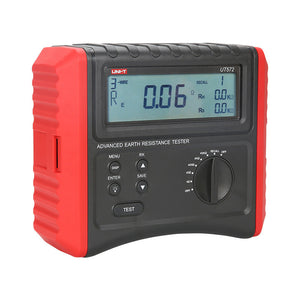 UNI-T UT572 Earth Resistance Tester – Digital Earth / Ground Resistance Meter - a red and black handheld device with a digital display showing 0.06 Ω, control buttons, and a rotary selector knob.