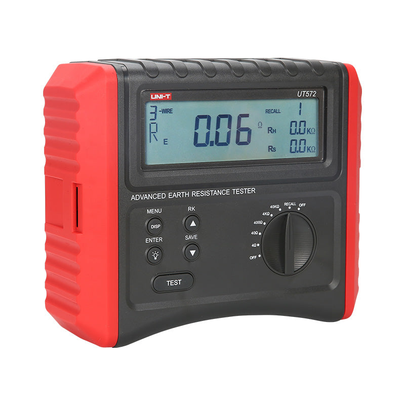 UNI-T UT572 Earth Resistance Tester – Digital Earth / Ground Resistance Meter - a red and black handheld device with a digital display showing 0.06 Ω, control buttons, and a rotary selector knob.