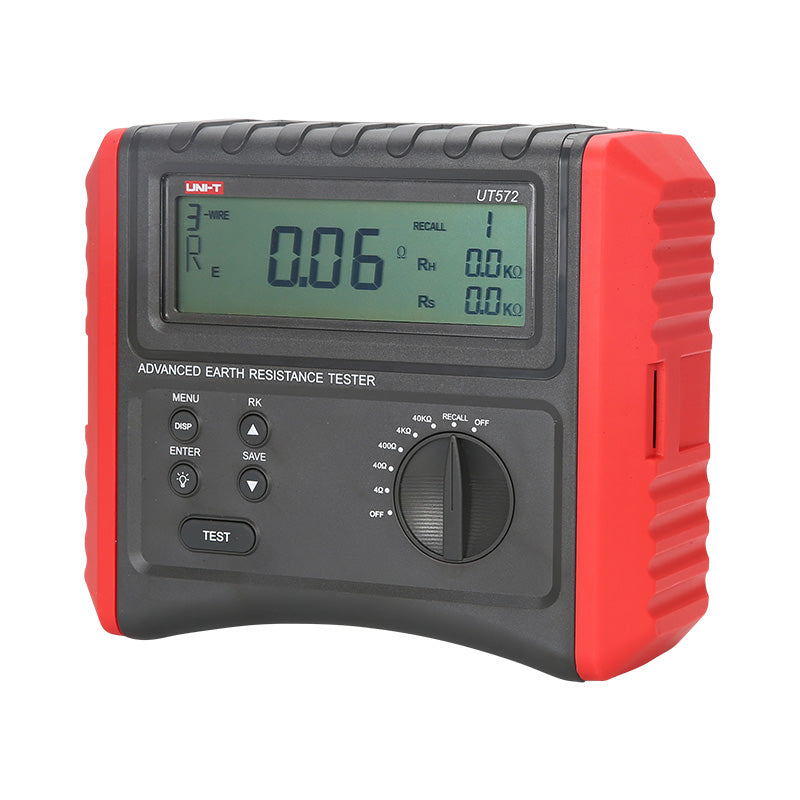 UNI-T UT572 Earth Resistance Tester – Digital Earth / Ground Resistance Meter - a grey and red handheld device with a digital display showing 0.06 Ω, control buttons, and a rotary selector knob.