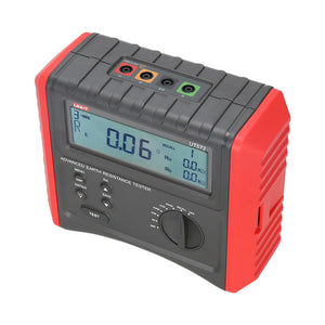 UNI-T UT572 Earth Resistance Tester – Digital Earth / Ground Resistance Meter - a grey and red handheld device with a digital display showing 0.06 Ω, top ports, buttons, and a rotary knob.