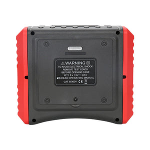UNI-T UT572 Earth Resistance Tester – Digital Earth / Ground Resistance Meter - rear view showing the black and red casing, battery compartment label, and warning information.