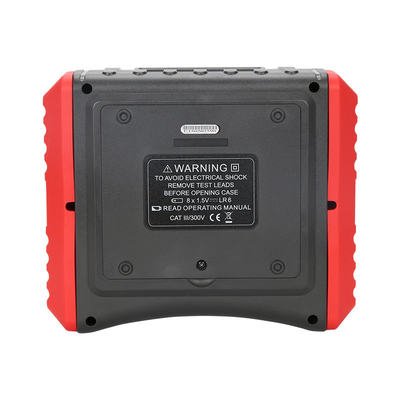 UNI-T UT572 Earth Resistance Tester – Digital Earth / Ground Resistance Meter - rear view showing the black and red casing, battery compartment label, and warning information.