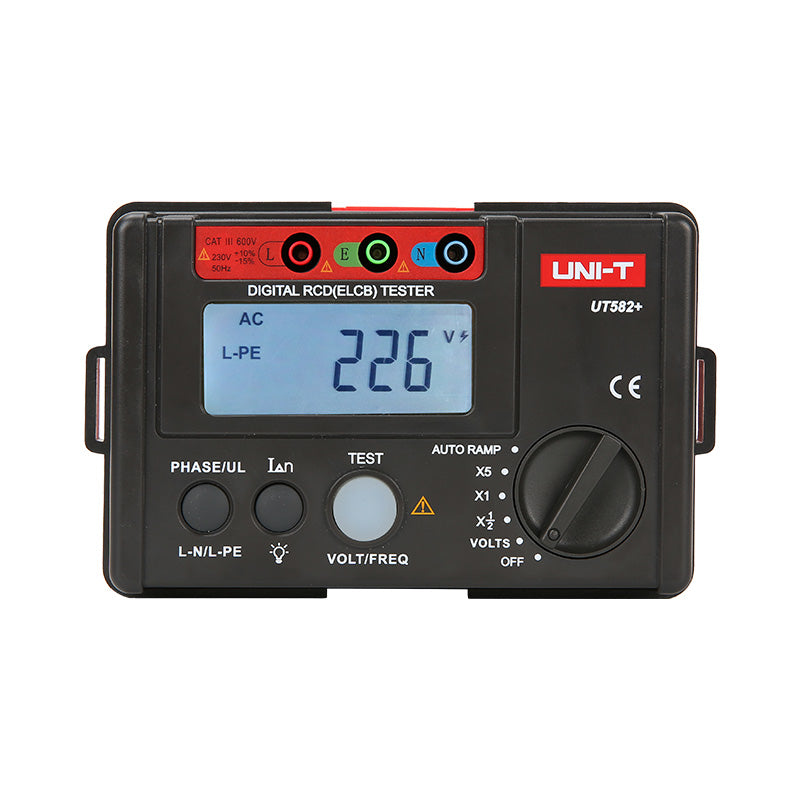 UNI-T UT582+ RCD / ELCB Tester – Digital RCD / ELCB Trip Tester - a black rectangular digital device with a screen showing 226V, input ports, control buttons, and a rotary function dial.