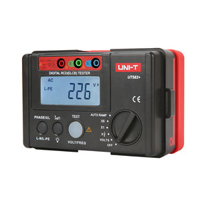 UNI-T UT582+ RCD / ELCB Tester – Digital RCD / ELCB Trip Tester - a black and red handheld device with a digital display showing 226V, input ports, buttons, and a rotary function dial.