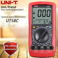 UNI-T UT58C Digital Multimeter – 2000 Count, AC/DC 1000V, 20A, Frequency to 20kHz, Capacitance, K-Type Temperature to 1000°C, Transistor Test - in a red casing with a central rotary dial, a digital display showing 000, and four input ports at the bottom.