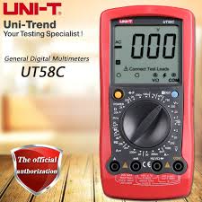 UNI-T UT58C Digital Multimeter – 2000 Count, AC/DC 1000V, 20A, Frequency to 20kHz, Capacitance, K-Type Temperature to 1000°C, Transistor Test - in a red casing with a central rotary dial, a digital display showing 000, and four input ports at the bottom.