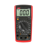 UNI-T UT601 Digital Capacitance & Resistance Meter – 2000 Count, 200pF–20mF, 20Ω–2000MΩ, hFE Transistor Test, Diode & Continuity Buzzer, Component Tester - a red and black handheld device with a central dial, a digital display showing 00.0, and various ports and buttons.