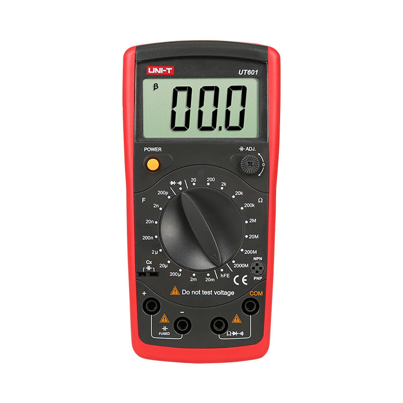 UNI-T UT601 Digital Capacitance & Resistance Meter – 2000 Count, 200pF–20mF, 20Ω–2000MΩ, hFE Transistor Test, Diode & Continuity Buzzer, Component Tester - a red and black handheld device with a central dial, a digital display showing 00.0, and various ports and buttons.