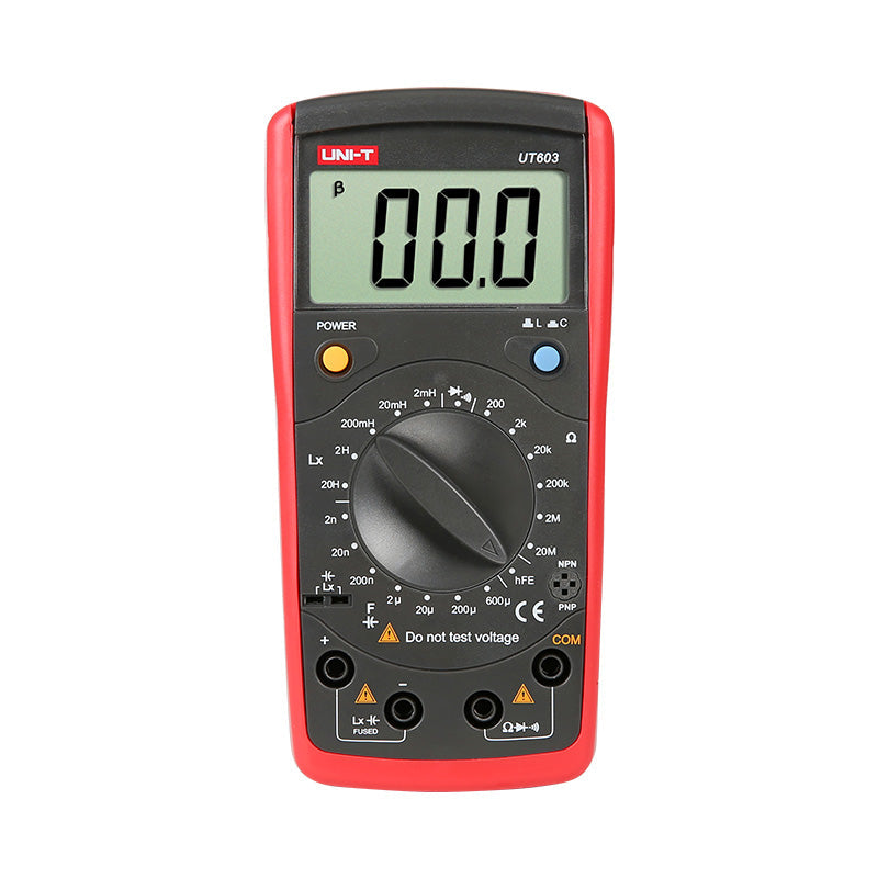 UNI-T UT603 Digital Inductance Capacitance Meter – 2000 Count, 2mH–20H, 2nF–600µF, 200Ω–20MΩ, hFE Transistor Test, Diode & Continuity, LC Component Tester - a central rotary dial, two buttons, a digital display reading 00.0, and ports.
