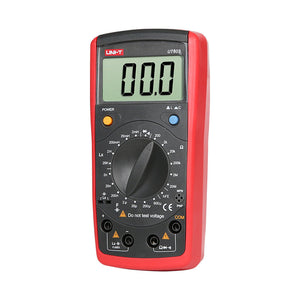 UNI-T UT603 Digital Inductance Capacitance Meter – 2000 Count, 2mH–20H, 2nF–600µF, 200Ω–20MΩ, hFE Transistor Test, Diode & Continuity, LC Component Tester - red and black, featuring a central rotary dial, a digital display showing 00.0, two buttons, and input ports at the bottom.