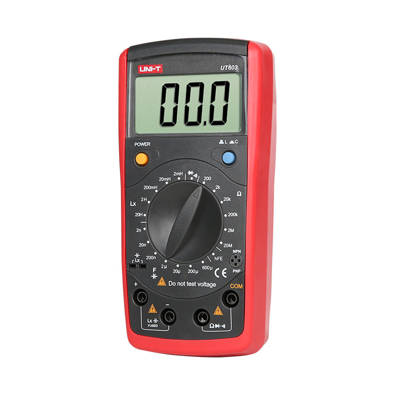 UNI-T UT603 Digital Inductance Capacitance Meter – 2000 Count, 2mH–20H, 2nF–600µF, 200Ω–20MΩ, hFE Transistor Test, Diode & Continuity, LC Component Tester - red and black, featuring a central rotary dial, a digital display showing 00.0, two buttons, and input ports at the bottom.