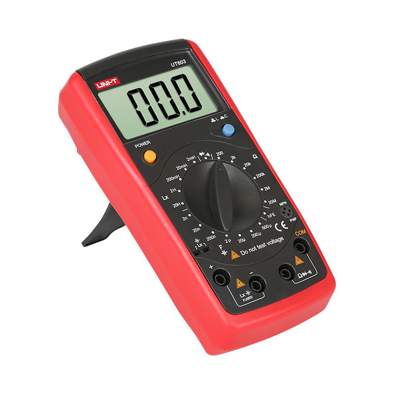 UNI-T UT603 Digital Inductance Capacitance Meter – 2000 Count, 2mH–20H, 2nF–600µF, 200Ω–20MΩ, hFE Transistor Test, Diode & Continuity, LC Component Tester - red casing with a black front panel, featuring a central rotary dial, control buttons, input ports, and a digital display.