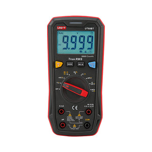 UNI-T UT60BT Bluetooth True RMS Digital Multimeter – 9999 Count, AC/DC 1000V, 10A, Wireless Data Logging via App, IP54, Temperature, NCV, CAT III 600V - black and red, showing a digital screen reading 9.999, a central rotary knob, function buttons, and input ports.