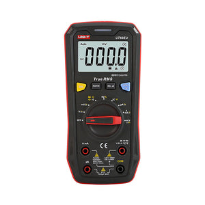 UNI-T UT60EU True RMS Digital Multimeter – 9999 Count, AC/DC 1000V, 10A, Capacitance, Frequency, Temperature, NCV, 3-Color LED Alert, CAT III 600V - a black and red handheld device with a central dial, buttons, input ports, and a screen displaying 000.0 DC mV.