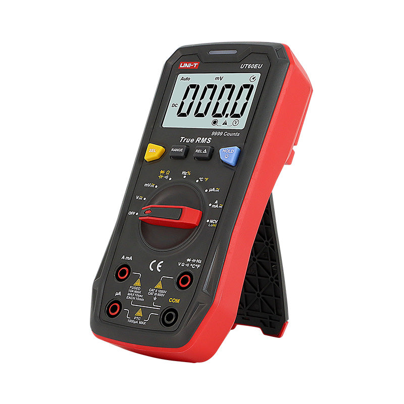 UNI-T UT60EU True RMS Digital Multimeter – 9999 Count, AC/DC 1000V, 10A, Capacitance, Frequency, Temperature, NCV, 3-Color LED Alert, CAT III 600V - in a red and black casing, standing on a kickstand with a screen showing 000.0, a rotary dial, buttons, and input ports.