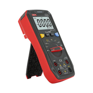 UNI-T UT60EU True RMS Digital Multimeter – 9999 Count, AC/DC 1000V, 10A, Capacitance, Frequency, Temperature, NCV, 3-Color LED Alert, CAT III 600V - in red and black, shown at an angle with a kickstand, featuring a display reading 0000, a rotary dial, and input ports.
