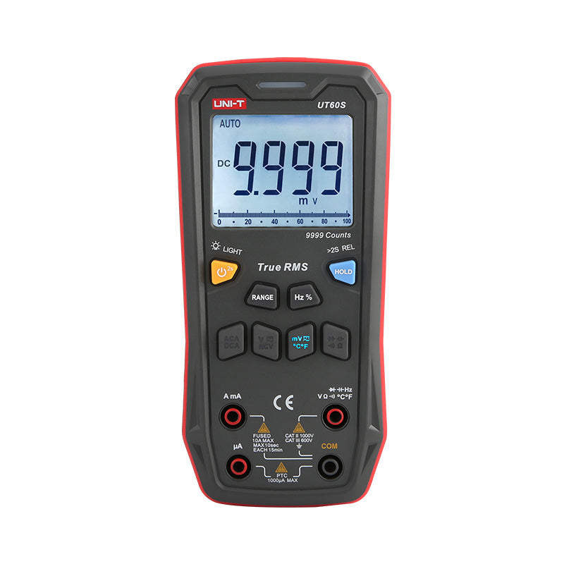 UNI-T UT60S True RMS Digital Multimeter – 9999 Count, AC/DC 1000V, 10A, Capacitance, Frequency, Temperature, NCV, 3-Color LED Alert, CAT III 600V - in black and red, showing the front panel with buttons, ports, and a screen displaying 9.999 mV.
