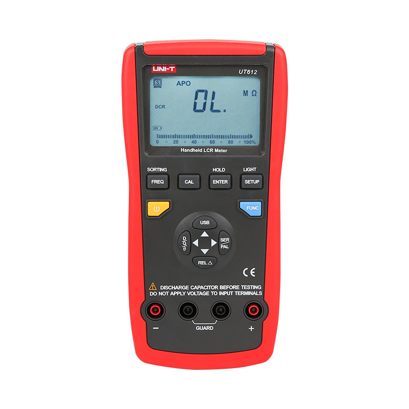 UNI-T UT612 Digital LCR Meter – 20000 Count, 100Hz–100kHz, L/C/R/DCR/Q/D/θ/ESR, Series/Parallel, Auto Range, USB, SMD Test Clamp, Handheld Bridge - in a red and black handheld casing, featuring a central LCD screen displaying "OL" and multiple control buttons and ports.
