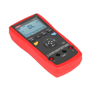 UNI-T UT612 Digital LCR Meter – 20000 Count, 100Hz–100kHz, L/C/R/DCR/Q/D/θ/ESR, Series/Parallel, Auto Range, USB, SMD Test Clamp, Handheld Bridge - a red handheld device with a digital display showing "OL" and "MΩ," featuring a keypad and input terminals.