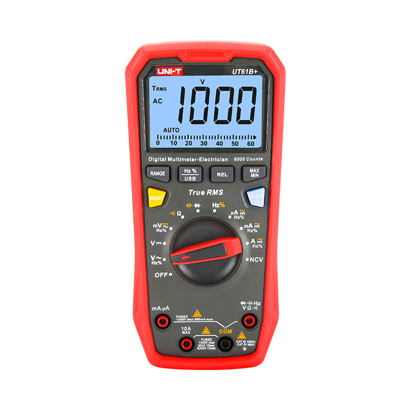 UNI-T UT61B+ True RMS Digital Multimeter – 6000 Count, AC/DC 1000V, 10A, Capacitance, Frequency, Temperature, NCV, USB, CAT III 1000V / CAT IV 600V - in a red protective case, showing a screen reading 1000V, a central rotary dial, function buttons, and input ports.