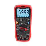 UNI-T UT61D+ True RMS Digital Multimeter – 6000 Count, AC/DC 1000V, 20A, Capacitance, Frequency, Temperature Probe, NCV, USB, CAT III 1000V / CAT IV 600V - a red handheld device showing a 5.999 reading on its display, with a central rotary knob, buttons, and input ports.