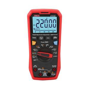 UNI-T UT61E+ True RMS Digital Multimeter – 22000 Count, AC/DC 1000V, 20A, High Accuracy 0.05%, 220MHz Frequency, Temperature, NCV, USB, CAT III 1000V - in a red protective case, showing a digital display reading 220.00 V, a central rotary dial, and bottom input ports.