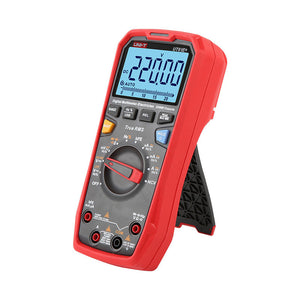 UNI-T UT61E+ True RMS Digital Multimeter – 22000 Count, AC/DC 1000V, 20A, High Accuracy 0.05%, 220MHz Frequency, Temperature, NCV, USB, CAT III 1000V - in a red protective case with a central rotary dial, various input ports, and a blue screen displaying 220.00 V DC.