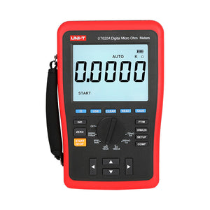 UNI-T UT620A Digital Micro Ohm Meter – 60000 Count, 10µΩ Resolution, 4-Wire Kelvin, Wire-Length, USB, Rechargeable Low-Resistance Ohmmeter - a red and black handheld device with a central rotary dial, control buttons, and a screen displaying 0.0000.