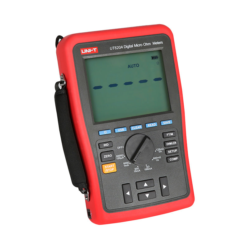 UNI-T UT620A Digital Micro Ohm Meter – 60000 Count, 10µΩ Resolution, 4-Wire Kelvin, Wire-Length, USB, Rechargeable Low-Resistance Ohmmeter - red and black handheld casing with a central rotary dial, control buttons, and a screen displaying AUTO.