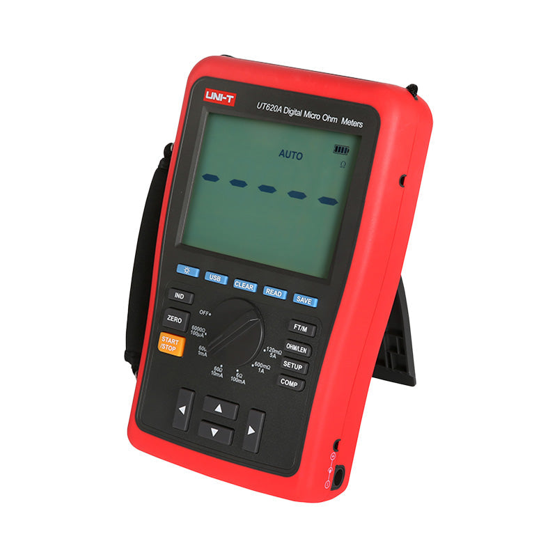 UNI-T UT620A Digital Micro Ohm Meter – 60000 Count, 10µΩ Resolution, 4-Wire Kelvin, Wire-Length, USB, Rechargeable Low-Resistance Ohmmeter - a screen with dashes, a rotary dial, control buttons, and a kickstand on a white background.