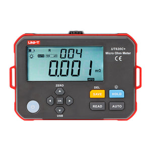 UNI-T UT620C+ Digital Micro Ohm Meter – 0.001MΩ–300kΩ, 1µΩ Resolution, ±0.1%FS, 4-Wire Kelvin, 500 Memory, IP54, Type-C, Rechargeable Low-Resistance Ohmmeter - a grey and red rectangular device with a digital display reading 0.001 mΩ, buttons, and power icon.