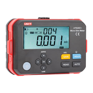 UNI-T UT620C+ Digital Micro Ohm Meter – 0.001MΩ–300kΩ, 1µΩ Resolution, ±0.1%FS, 4-Wire Kelvin, 500 Memory, IP54, Type-C, Rechargeable Low-Resistance Ohmmeter - a black and red handheld device showing a digital screen reading 0.001 mΩ with various control buttons on the front panel.