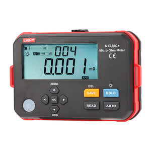 UNI-T UT620C+ Digital Micro Ohm Meter – 0.001MΩ–300kΩ, 1µΩ Resolution, ±0.1%FS, 4-Wire Kelvin, 500 Memory, IP54, Type-C, Rechargeable Low-Resistance Ohmmeter - black and red casing, showing a digital display with "004" and "0.001 mΩ" readings, navigation buttons, and labels.