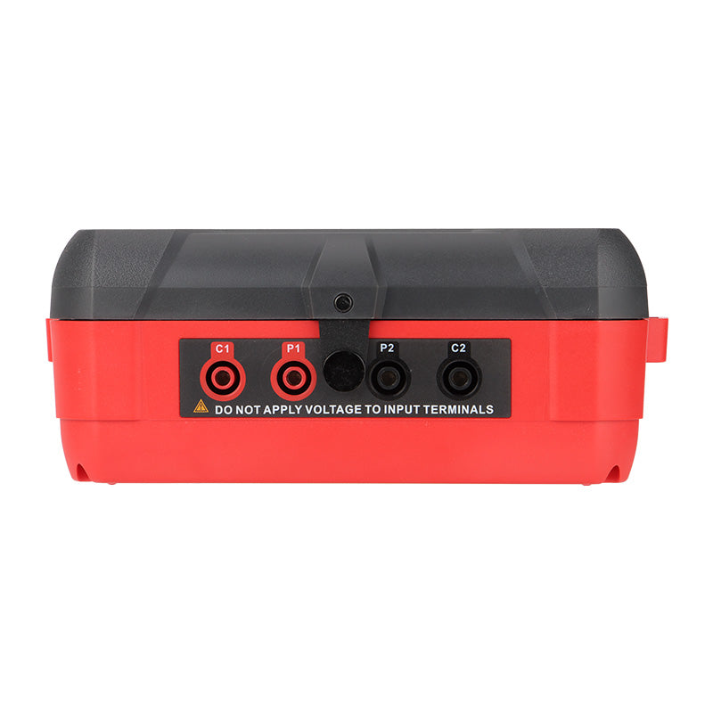 UNI-T UT620C+ Digital Micro Ohm Meter – 0.001MΩ–300kΩ, 1µΩ Resolution, ±0.1%FS, 4-Wire Kelvin, 500 Memory, IP54, Type-C, Rechargeable Low-Resistance Ohmmeter - the red and black front panel with four input terminals labeled C1, P1, P2, and C2.