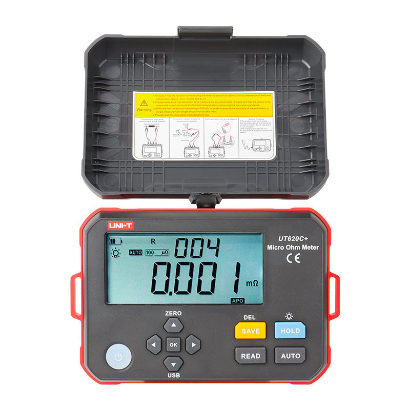 UNI-T UT620C+ Digital Micro Ohm Meter – 0.001MΩ–300kΩ, 1µΩ Resolution, ±0.1%FS, 4-Wire Kelvin, 500 Memory, IP54, Type-C, Rechargeable Low-Resistance Ohmmeter - with an open grey protective case, showing the digital display reading 0.001 mΩ and various control buttons.