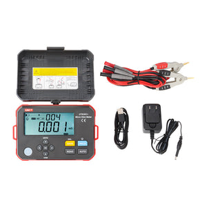 UNI-T UT620C+ Digital Micro Ohm Meter – 0.001MΩ–300kΩ, 1µΩ Resolution, ±0.1%FS, 4-Wire Kelvin, 500 Memory, IP54, Type-C, Rechargeable Low-Resistance Ohmmeter - the red and black device with a digital display reading 0.001 mΩ, Kelvin test leads, power adapter, and USB cable.