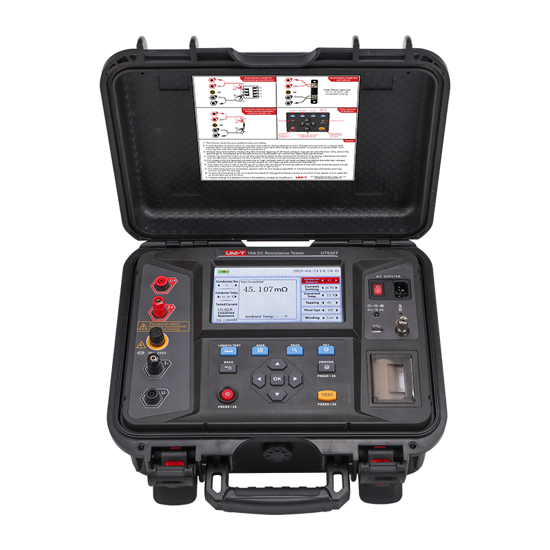 UNI-T UT620T 10A DC Resistance Tester – 100µΩ–1MΩ, 0.1µΩ Resolution, Constant-Current 40mA–10A, 4-Wire, 7" Colour LCD, Built-in Printer, Winding Ohmmeter - a 7-inch color display, control buttons, test terminals, and a printer.